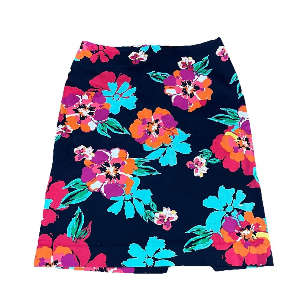 Talbots Navy Floral Knee Length Lined Pencil Skirt Women's Sz 8 Tropical